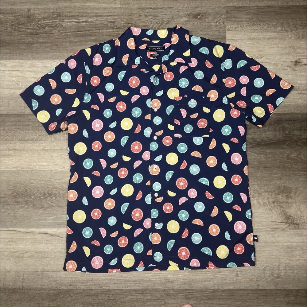 Crown & Ivy Short Sleeve Button Down Shirt Classic Fit Orange Pattern Mens M